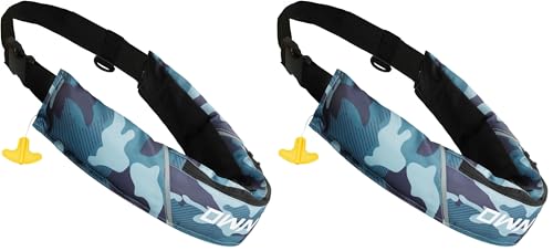 Owntop Manual Inflatable Belt Pack, Adults Swim Jacket with Blowpipe & Whistle, 24g CO2 Cylinder Included, Low Profile for Kayaking, Fishing, Paddle Sports - color: Camo Blue, size: One Size (Pack of 2)