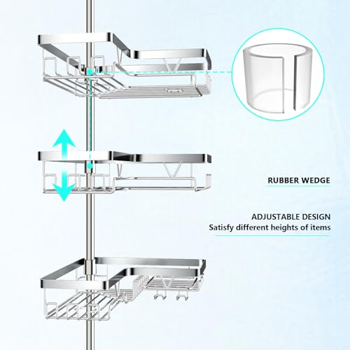 DAOYA Corner Shower Caddy Tension Pole - Chrome Tension Rod Shower Caddy Adjustable Shampoo Holder for Bathroom/Bathtub/RV, Stainless Steel, Floor to Ceiling 25-114.2 inch - color: Chrome