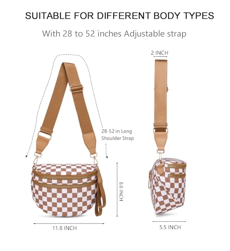 Pure Colour Crossbody Bum Bags for Women Spacious Checkered Cross body Bag Nylon Trendy Fanny Pack for Travel - color: Brown Checkered
