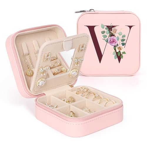 MFXIP Easter Basket Stuffers for Teens Essentials, Valentines Day Christmas Stocking Stuffers for Women Teen Girl Gifts Trendy Stuff Travel Jewelry Box Case Organizer Personalized Birthday Gifts - color: Initial W Pink