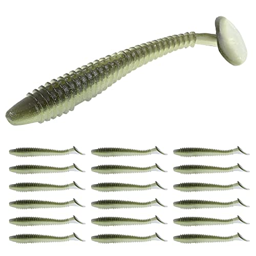 RUNCL Swimbaits Paddle 10/20/30/40PCS, 5/4/3/2 Inchs Paddle Tail, Soft Lure for Trout Crappie Bass, Durable Plastic Bait Swimmer for Saltwater/Freshwater, Fishing Lover's Gift - color: Green Shiner, size: 3in, 30pcs