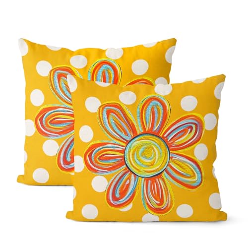 Mustard Yellow Pillow Covers 16x16 Inch 2 Pcs Colorful Floral Summer Outdoor Decor Throw Pillows Polka Dots Flower Farmhouse Holiday Decoration Pillowcase Linen Cushion Cover for Couch Sofa - color: Mustard Yellow Sun Floral, size: 16" x 16" (Pack of 2)