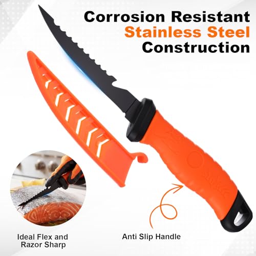 Ceenna 14 Pcs Fishing Tool Kit, Fishing Pliers, Retractable Landing Net, Lip Gripper, Fillet Knife, Digital Scale, Hook Remover, Scaler, Braid Scissors, Sharpener, Tool Retractor Accessories - color: Orange