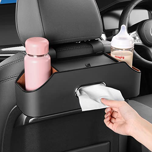 Car Seat Back Organizer - Stylish & Functional Storage for Family Adventures - Cup Holders, Tissue Box & Hooks - Perfect for Kids, Road Trips & Travel (Black) - color: Black