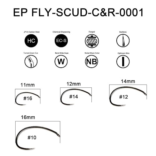 Eupheng Fly Fishing Hooks 100pc Pack Barbless Catch & Release Dry Wet Nymph Shrimp&Pupa, Streamer, Caddis, Jig, Scud Flies Fishing Hooks - color: EP Fly-C&R-SCUD-0001, size: #12