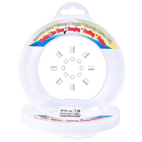 Aboda Clear Fishing Line 0.2-1 mm, Strong Invisible Nylon Fishing Wire 8-100 lb Test Includes Crimp Sleeves, Clear String for Hanging Decorations Balloons Garlands Beading Crafts & Jewelry - size: 0.2mm, 1650ft, 10lb