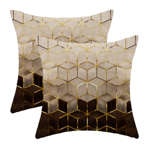Boho Brown Pillow Covers 16x16 Inch Set of 2 Abstract Brown Golden Geometric Throw Pillows Outdoor Decorative Modern Art Cubic Pillowcase Linen Cushion Cases for Bed Sofa Couch - color: Brown Gold Geometric, size: 16" x 16" (Pack of 2)