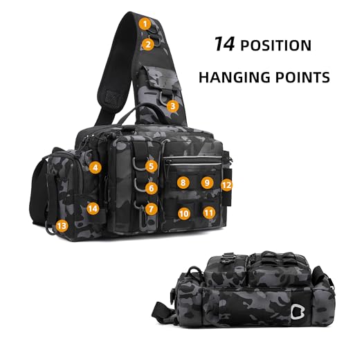 Fishing Tackle Storage Bag – Sling Waist Pack with Adjustable Widen Shoulder Straps, 12 Compartments for Fishing Gear, Lures, Hooks & Accessories Durable & Lightweight for Outdoor Anglers, Black