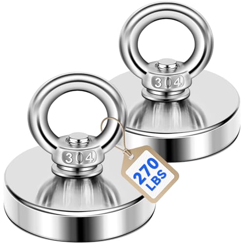 DIYMAG 2Pack 270 lbs(123 KG) Pulling Force Powerful Fishing Magnets,with Countersunk Hole Eyebolt, Diameter 1.88 inch(48 mm), for Retrieving in River and Magnetic Fishing - size: 48mm 2p
