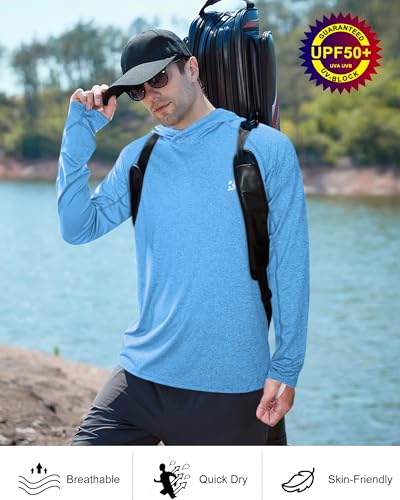 Roadbox Mens UPF 50+ Fishing Shirts, Long Sleeve UV Sun Hoodie, Hiking Running Swim Athletic Workout Shirt - color: A01-light Gray Blue, size: XX-Large
