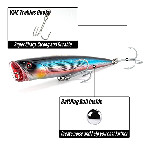 Dr.Fish Popper Saltwater Fishing Lures, 4/5.5 Inches GT Popper VMC Treble Hooks Surf Fishing Lures for Bass Striper Pike Salmon Offshore - color: Blue Herring-1 Pack, size: 5.5"
