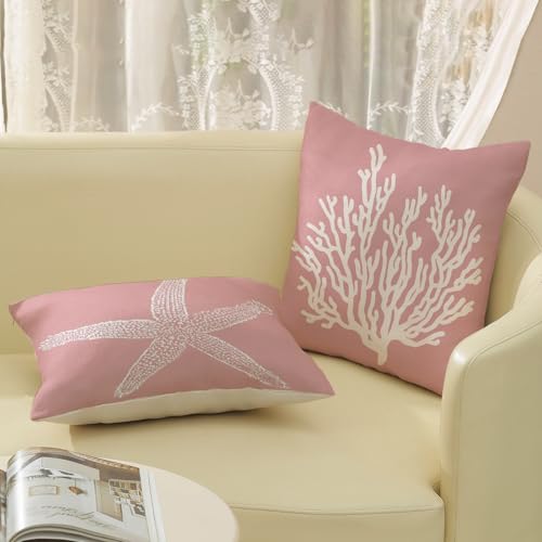 Coastal Pillow Covers 18x18 Inch Set of 2, Pink Coral Starfish Throw Pillows Nautical Ocean Decorations Beach Pillowcase Outdoor Decor Linen Farmhouse Cushion Case for Home Sofa Living Room - color: Pink Starfish Coral, size: 18" x 18" (Pack of 2)