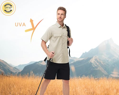 Satankud Fishing Shirts for Men Short Sleeve Sun Protection Cooling Hiking Shirt for Travel Safari Camping Work - color: Beige, size: 3X-Large