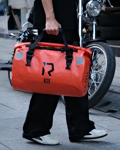 IRON JIA'S Motorcycle Dry Bag - Waterproof Duffle & Luggage Tail Bag Saddle Bags with Roll Top Closure, Shoulder Straps, Inner Pocket and Mesh Pocket (Orange, 50L) - color: Orange, size: 50L
