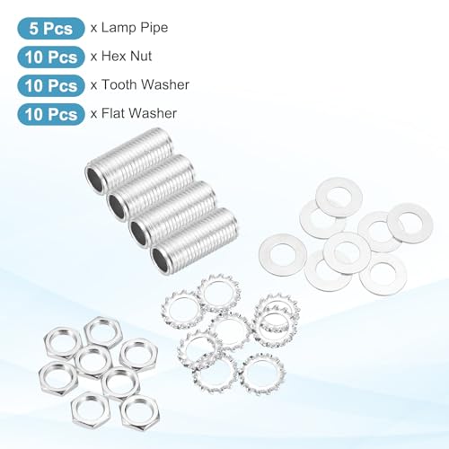MECCANIXITY 35Pcs 1" Lamp Pipe Nipples Kit with Hex Nuts Washers, 1/4IP All Threaded 1/2" Outer Diameter Lamp Rod Hollow Tube Fasteners for Lamp Assembly Chandelier DIY Repair, Silver - size: 1"x1/4IP