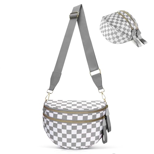 Crossbody Bags for Women, Checkered Bum Bag Crossbody, Spacious Nylon Shoulder Handbag Mom Bag (grey-white checkered) - color: grey-white checkered