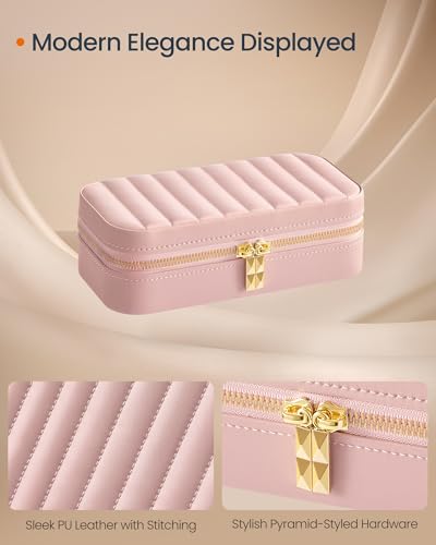 SONGMICS HOME Travel Jewelry Case, Travel Jewelry Box Organizer with Mirror, 4.1 x 8 x 2.4 Inches, Stitching, Portable, Gift Idea, Jelly Pink UJBC180S01 - color: Jelly Pink, size: 8"W