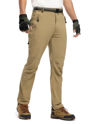 TBMPOY Men's Lightweight Hiking Pants with Belt 5 Zip Pockets Waterproof Quick-Dry Travel Fishing Work Outdoor Pants - color: A2-thin Khaki, size: Large
