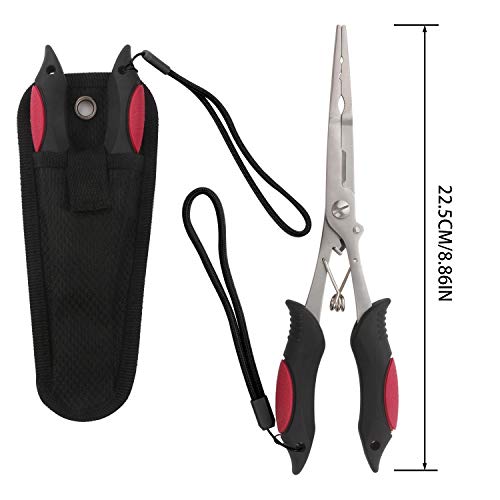 Hikary Long Nose Fishing Pliers,Ice Fishing Gear,Stainless Steel Hook Remover Braid Cutter Rustproof Fishing Multi-Tools Fishing Gripper for Freshwater Saltwater - color: Red-8.8inches