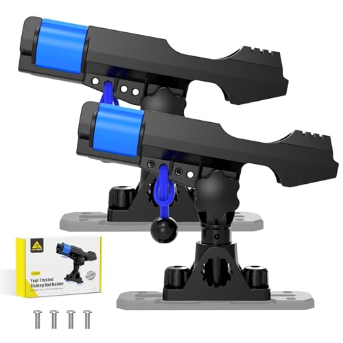 2-in-1 Fishing Rod Holder for Boat Kayak Rod Holder Track Deck Mount, Secure Fishing Pole Holders with Triple Rod Protection, Dual T Bolt, Bungee Cord & Sliding Loop