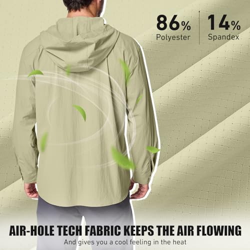 Mens Sun Protection Hiking Fishing Safari Shirts with Hood Long Sleeve Outdoor Quick Dry Shirts Hoodie - color: 5105 Khaki, size: X-Large