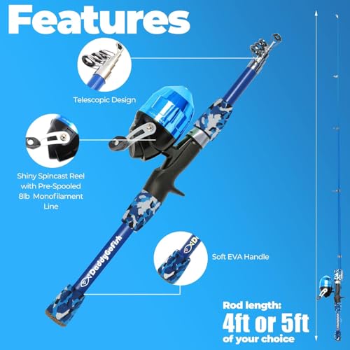 DaddyGoFish Kids Fishing Pole - Rod Reel Combo Tackle Box Starter Set - First Year Small Gear Kit for Boys Girls Toddler Youth Age Beginner Little Children - color: 2 Pack- Blue + Blue (Essential Set), size: 4ft