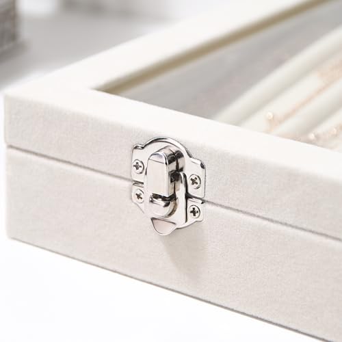 Coward 14 Hooks Necklace Storage Tray, Velvet Neckalce Organizer Box with Clear Lid, Pendant Chain Necklace Jewelry Organizer Drawer Tray for Women Girls (Beige) - color: Beige