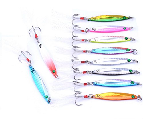 Aorace 10pcs Hard Metal Jigs Diving Sea Fishing Lures Minnow Popper Baits Tackle Crankbait Saltwater Freshwater Lures with Feather - color: 10pcs 5.5cm/10g