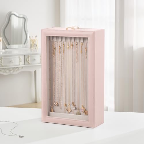 Lolalet Necklace Organizer Box, Jewelry Storage Box with Clear Window for Necklaces Bracelets, Tangle-Free Necklace Display Case for Women Girls, Pink, 2 Layers 20 Hooks - color: Pink, size: 2 Layers, 20 Hooks