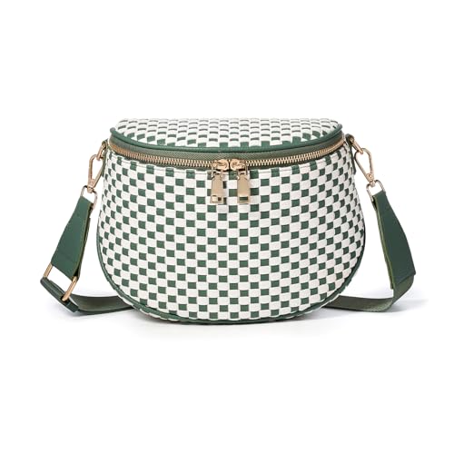Woven Vegan leather Crossbody Bags For Women, Checkered Fashion PU Bum Bag Waist Pack, Travel Sling Purse with Adjustable Strap（Bean Green) - color: White and Bean Green