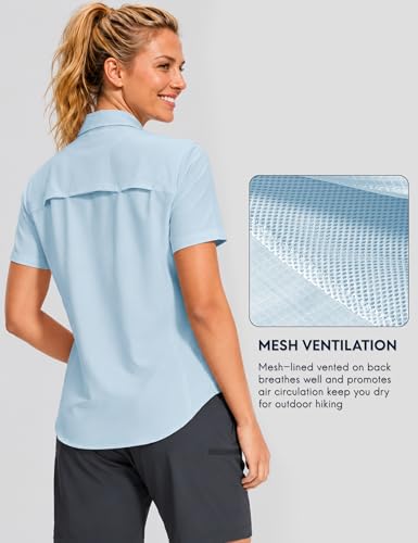 Haimont Women's UPF 50+ Short Sleeve Hiking Button Down Shirt | Quick-Dry Stretch, Mesh Back Vents, 2 Chest Pockets + Zip Pocket, Sunglasses Loop, Lens Cloth, Travel - color: Light Blue, size: X-Small