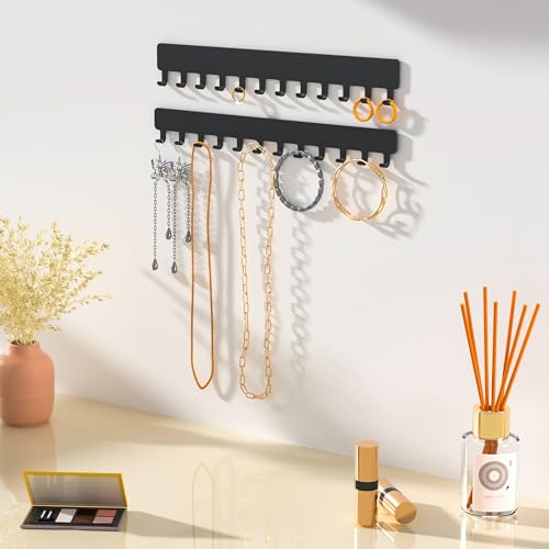 Bussdis Necklace Holder - Hanging Jewelry Organizer, Self-Adhesive, Wall Mount, 2 Pack, Black - color: Black, size: 9.84 inch