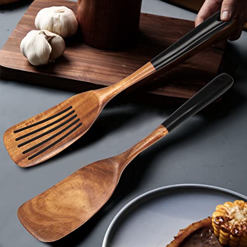 2 Pcs Wooden Spatula Set for Cooking Non Toxic Teak Kitchen Utensils Slotted Pancake Turner Flat Wood Wok Spatulas Bamboo Spoon for Cooking Utensil Set Spurtle Scraper Black Fish Egg Flipper Spatula - color: 2Pcs-Black