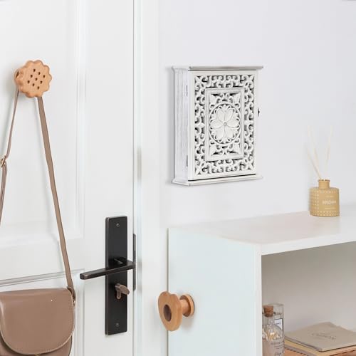 Wooden Key Holder for Wall, Key Box Key Cabinet, Key Hooks Wall Mounted Key Hangers Rustic Decorative Key Rack with 6 Key Hooks for Home Office Entryway Hallway Bedroom Living Room - color: Retro White