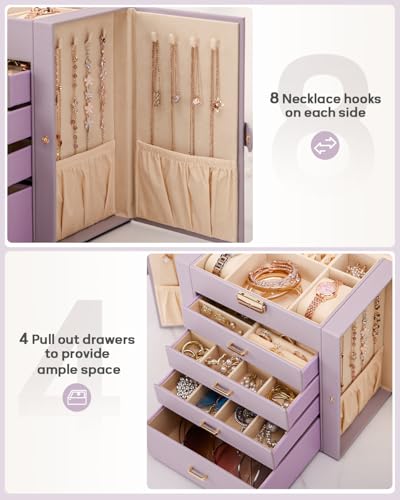 Homde Synthetic Leather Huge Jewelry Box Mirrored Watch Organizer Necklace Ring Earring Storage Lockable Gift Case (Grey Purple + Gold) - color: Grey Purple + Gold