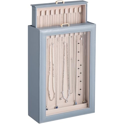 Lolalet Necklace Organizer Box, Jewelry Storage Box with Clear Window for Necklaces Bracelets, Tangle-Free Necklace Display Case for Women Girls, Dusty Blue, 2 Layers 20 Hooks - color: Dusty Blue, size: 2 Layers, 20 Hooks