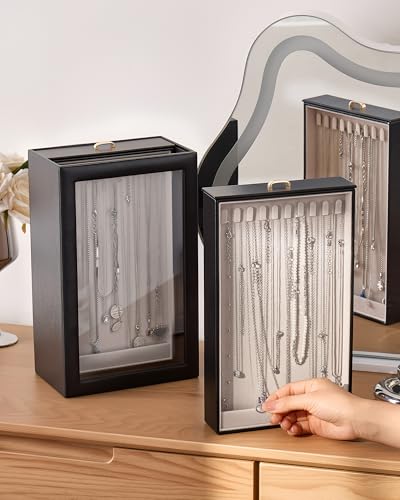 Lolalet Upgraded Double-Sided Hanging Necklace Organizer Box, Jewelry Display Case with Double-Sided Clear Window for Necklaces Bracelets, Tangle-Free Necklace Storage Box, Black, 2-Layer 40 Hooks - color: Black, size: 2-Layer, 40 Hooks