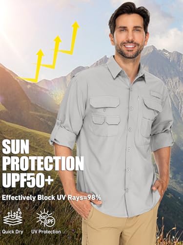 linlon Mens Safari Shirts Long Sleeve UV Protection Hiking Fishing UPF 50+ Quick Dry Cooling Camping Travel Shirts - color: Grey, size: Large