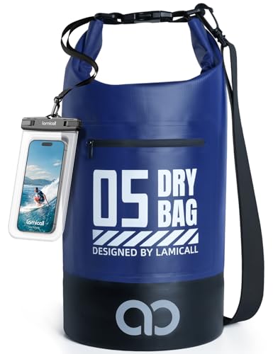 Lamicall Waterproof Dry Bag with Phone Pouch - 5L/10L/20L/30L/40L Floating Roll Top Backpack for Kayaking Boating Beach Camping Fishing - Heavy Duty 500D PVC Marine Dry Sack for Men, Women, Blue 5L - color: Navy Blue, size: 5L