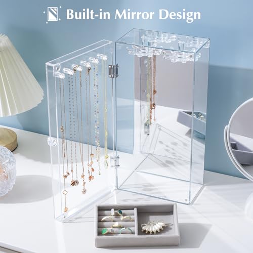 Lolalet Necklace Holder Organizer, Acrylic Jewelry Organizer with 24 Hooks, Rotating Clear Necklaces Display Box with Built-in Mirror, Dust-proof Jewelry Storage Case with Velvet Tray -Clearmirror - color: 1 -Clearmirror