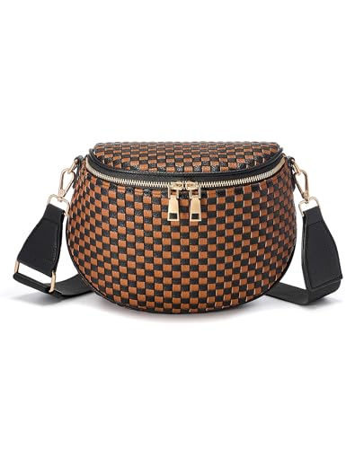 Trendy Woven Checkered Crossbody Bum Bag for Women，PU Leather Checkered Purse Fanny Packs Belt Bag (Woven Bum Bag - Black-Brown) - color: Woven Bum Bag - Black-Brown