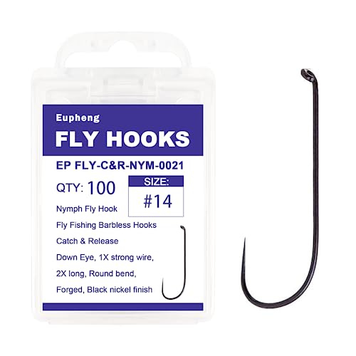 Eupheng Fly Fishing Hooks 100pc Pack Barbless Catch & Release Dry Wet Nymph Shrimp&Pupa, Streamer, Caddis, Jig, Scud Flies Fishing Hooks - color: EP Fly-C&R-NYM-0021, size: #14