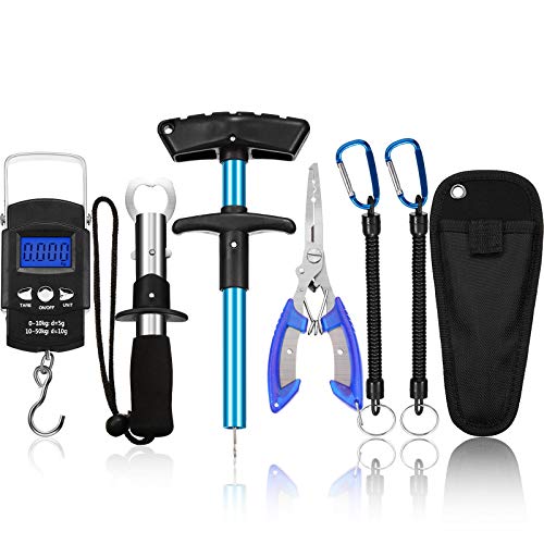 Honoson Fishs Hook Remover Tools Kit Include 1 Pcs Handheld Digital Fish Scale and Fishing Hook Remover Tool and Fish Lip Gripper and Fishing Plier with Sheath and 2 Pcs Fishs Tool Lanyards - color: Blue