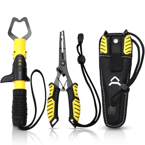 RoundFunny Fish Lip Gripper Pliers, Combo Fishing Tool Kit Stainless Steel Multifunction Hook Remover, Split Ring Pliers with Lanyards Sheath for Fly, Easter Fishing Basket Gift Gear Men Women - color: Yellow