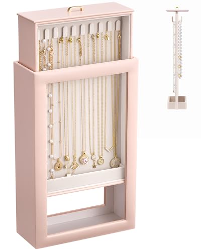 Lolalet Upgraded Double-Sided Hanging Necklace Organizer Box, Jewelry Display Case with Double-Sided Clear Window for Necklaces Bracelets, Tangle-Free Necklace Storage Box, Pink, 1-Layer 20 Hooks - color: Pink, size: 1-Layer, 20 Hooks