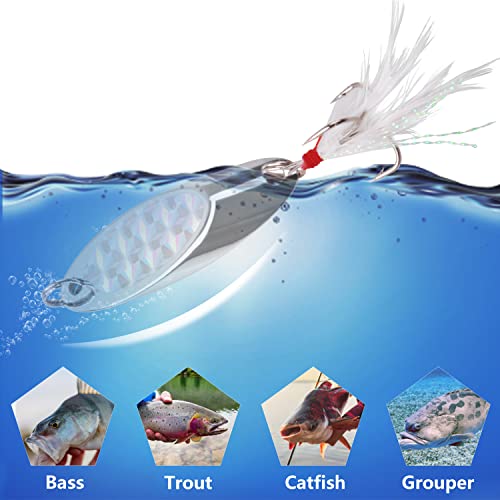 Fishing Lures Casting Spoon Lure, 5pcs Hard Metal Spoon Fishing Lures for Trout Bass Crappie Pike Walleye Saltwater Freshwater Fishing Gear 3/16oz-2oz - color: Silver-feather, size: 1/4oz(7g)
