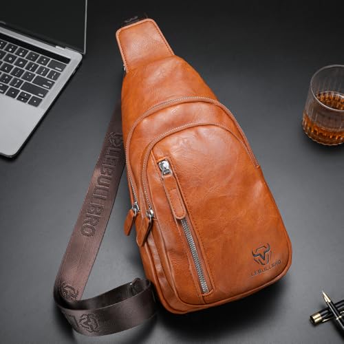 Crossbody Bags for Men Leather Sling Bags Mens Chest Bag Backpack Travel Hiking Fishing Outdoor Sports - color: Light Brown