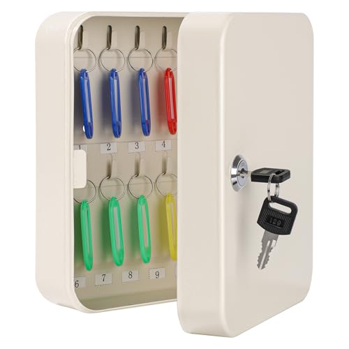 KYODOLED Key Box Wall Mount, Key Lock, 20 Hooks, Beige | 20 Key Rings & Tags, Durable Steel, Key Storage for Home, Office & Property Managers, Indoor Use, 3.14"D x 6.3"W x 7.87"H - color: Beige With Key Lock