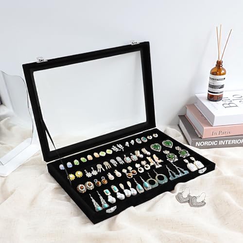 Wudygirl Earring Organizer Tray Jewelry Organizer 32 Pairs Earring Box Organizer Black Velvet Jewelry Display Case with Transparent Lid(Black Earring Storage) - color: Black, size: Earring