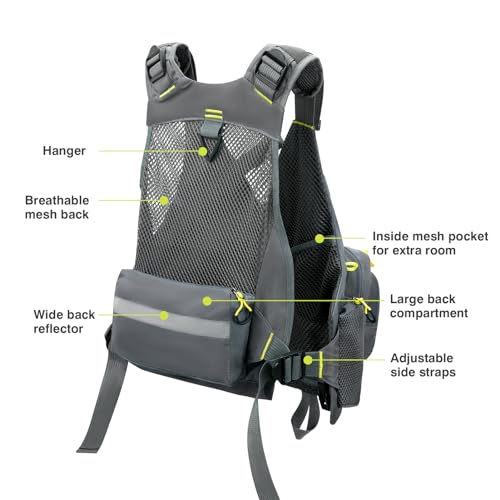 Gonex Fly Fishing Vest for Men Women, Comfortable Adjustable Fishing Vest with Multi-Pockets Reflective Stripes - color: Gray+yellow